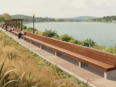 AI-generated illustration of World’s Longest Bench (lakeside Promenade, Geneva)