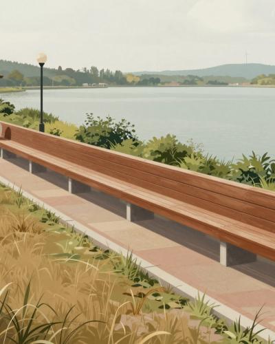 AI-generated illustration of World’s Longest Bench (lakeside Promenade, Geneva)