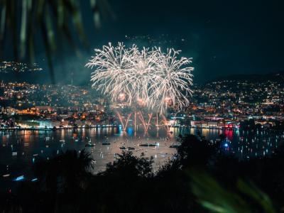 Vibrant fireworks display lighting up the night sky over Lugano, Switzerland, reflecting beautifully over the lake.