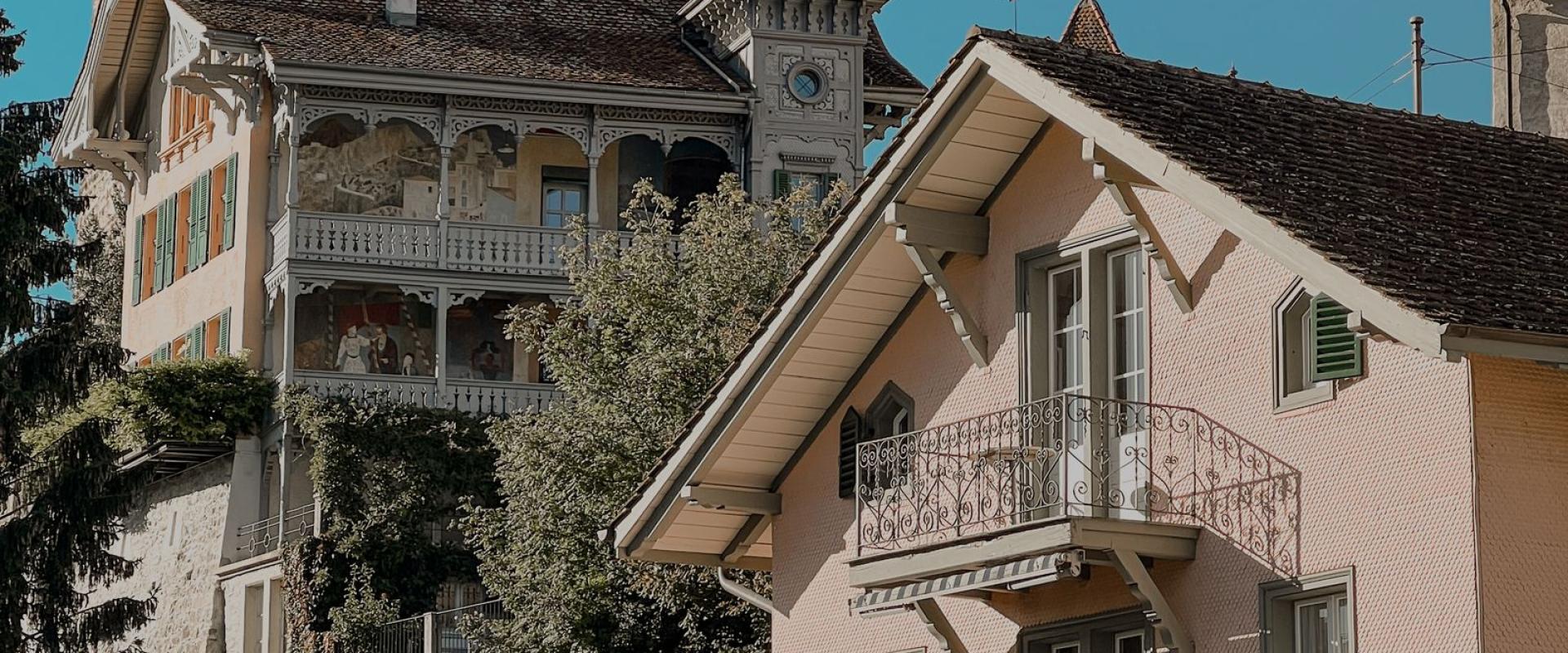 Picturesque view of traditional Swiss buildings captured in Interlaken, Switzerland.