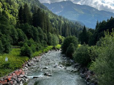 A picturesque alpine river flowing through lush Swiss mountains under a vibrant sky.