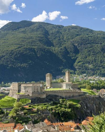 A high-angle daytime view of the Castelgrande fortress and its two towers perched on a rocky promontory, overlooking the town of Bellinzona with a large green mountain in the background.
