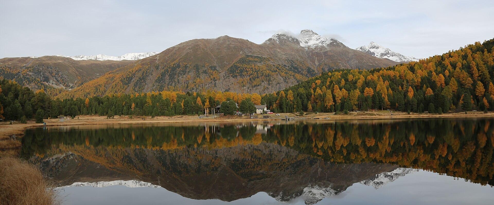 Lej da Staz lake in the Stazerwald forest with Piz Muragl