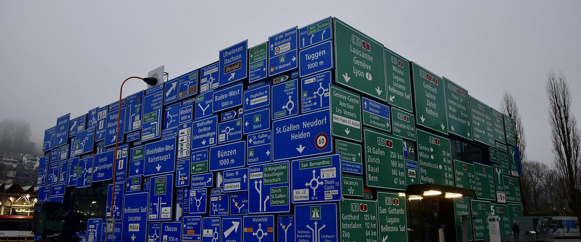 The road transport hall of the Swiss Museum of Transport, clad in road signs
