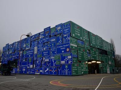 The road transport hall of the Swiss Museum of Transport, clad in road signs