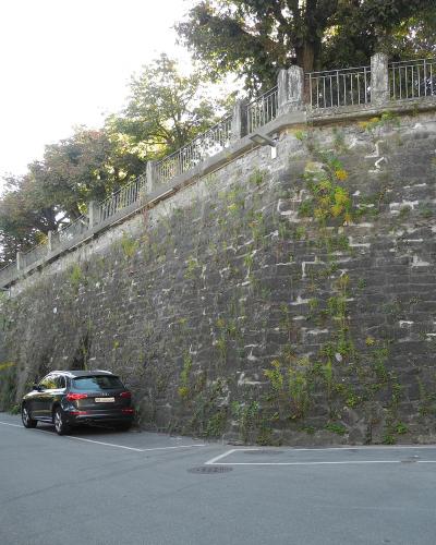 A tall, sloping stone retaining wall with a metal railing along the top edge, running alongside a paved road where several cars are parked.