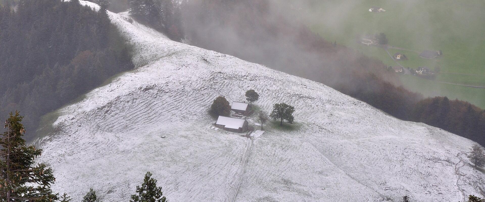 A high-angle view of a snow-dusted alpine slope featuring two small wooden buildings (an Aescher) and several trees, with fog obscuring the background hills and a village visible in the upper left.