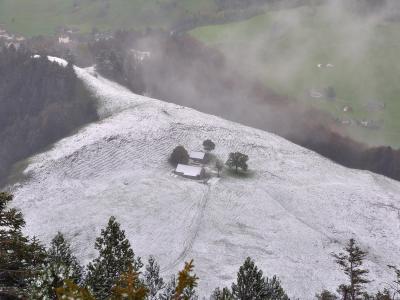 A high-angle view of a snow-dusted alpine slope featuring two small wooden buildings (an Aescher) and several trees, with fog obscuring the background hills and a village visible in the upper left.