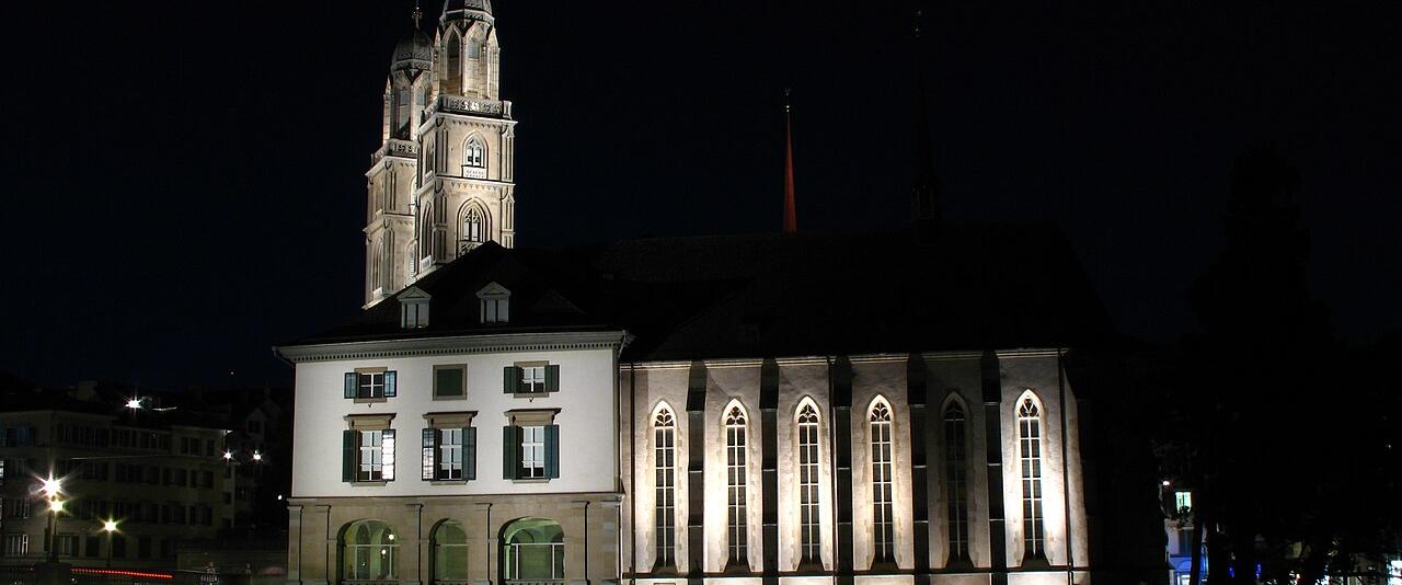 The Wasserkirche and Grossmünster in Zurich at night