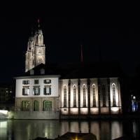 The Wasserkirche and Grossmünster in Zurich at night