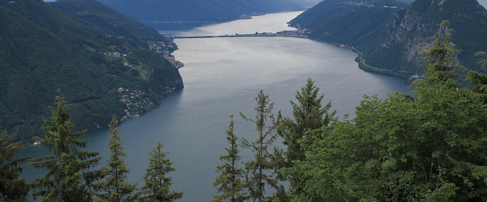 Lake Lugano framed by forest, seen from the slopes of Monte Brè