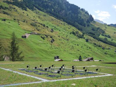 A grassy outdoor area with a grid of black, curved light fixtures mounted over rectangular glass panels set into the ground, with a steep green alpine slope and scattered chalets in the background.
