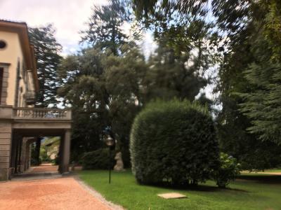 A view of a building's exterior featuring a stone loggia with columns and a balcony, set against a backdrop of dense trees and manicured greenery in a garden setting.