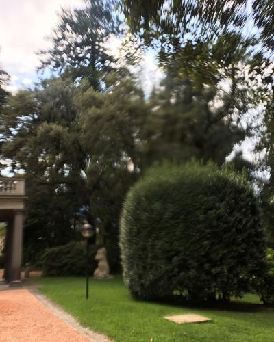 A view of a building's exterior featuring a stone loggia with columns and a balcony, set against a backdrop of dense trees and manicured greenery in a garden setting.