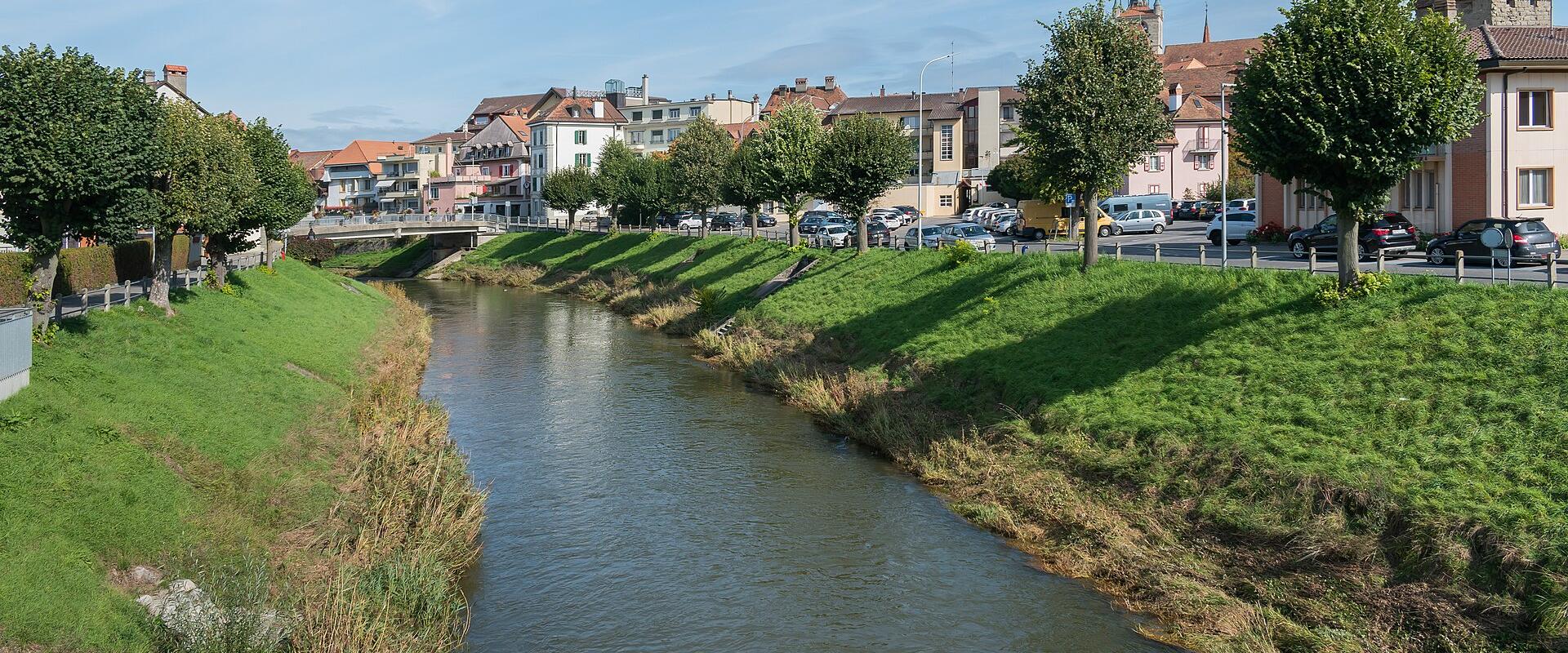 A river flows through a town with grassy embankments, lined with trees and buildings, including a church with a spire and a tower in the background.