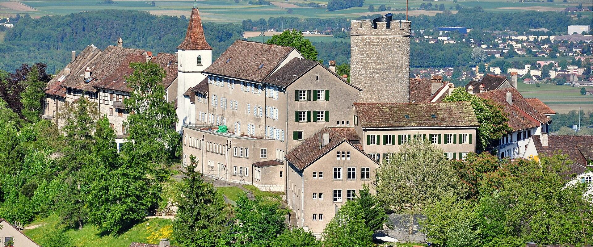 A large medieval castle complex with a prominent stone tower flying a Swiss flag, situated on a hill overlooking a valley with residential areas and farmland.