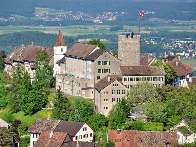 A large medieval castle complex with a prominent stone tower flying a Swiss flag, situated on a hill overlooking a valley with residential areas and farmland.