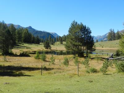 A landscape photograph showing a small alpine lake surrounded by grassy meadows, scattered coniferous trees, and distant mountains under a clear blue sky.