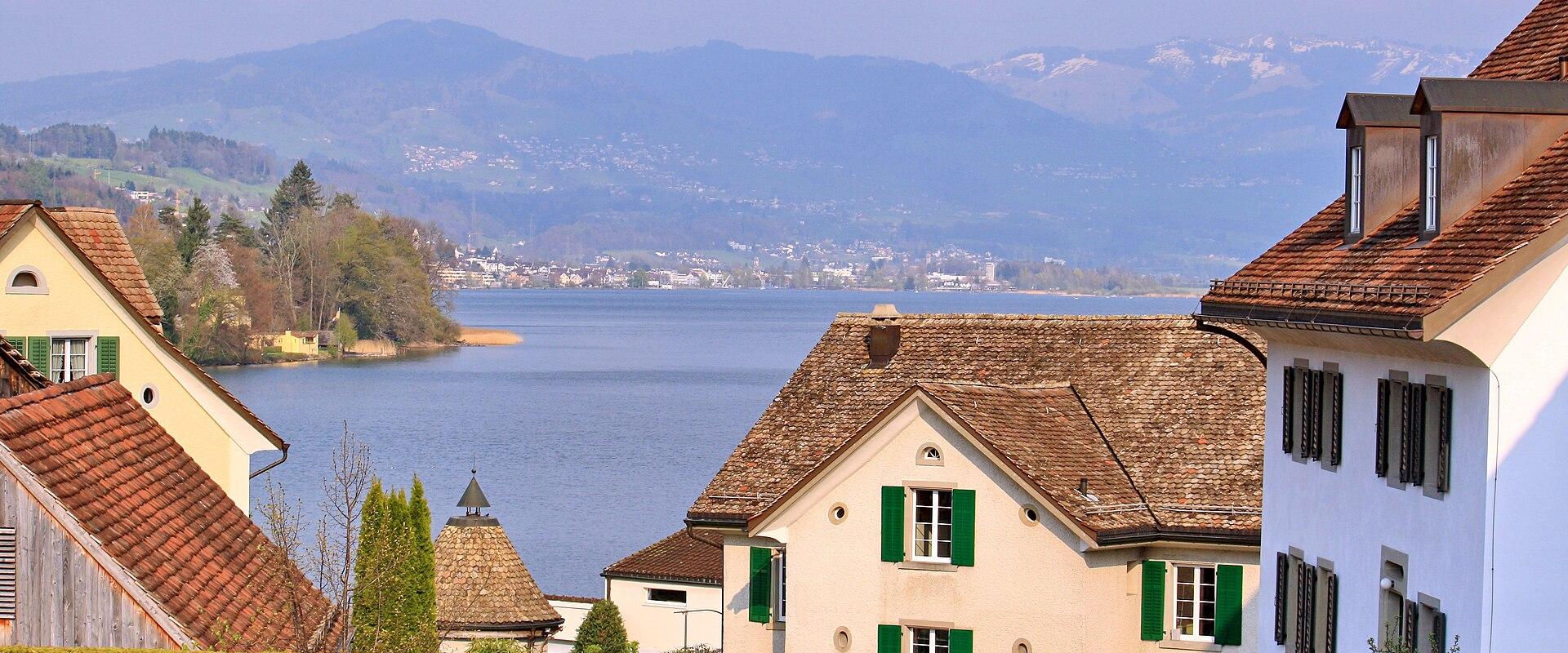 The hamlet of Bollingen on the shore of the Obersee, Lake Zurich