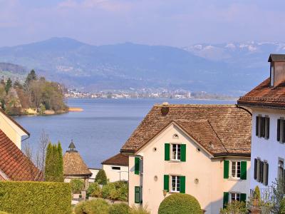 The hamlet of Bollingen on the shore of the Obersee, Lake Zurich
