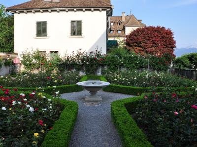 A formal rose garden with a central stone fountain, gravel paths, and manicured hedges, set against a white building with green shutters and a view of distant mountains.