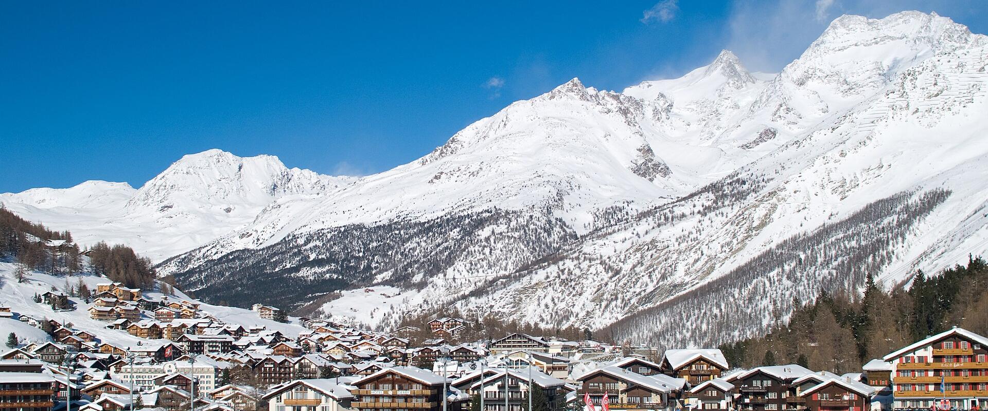 Saas-Fee village below the glaciers of the Mischabel range