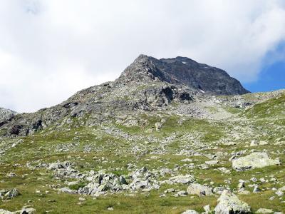 A rocky mountain peak rising above a grassy, scree-covered alpine slope under a cloudy sky.
