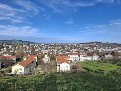 A panoramic view of a densely built town or city with red-roofed buildings, green lawns in the foreground, and distant hills under a blue sky with wispy clouds.
