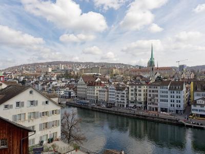 The view over the Limmat and old town from the Lindenhof in Zürich