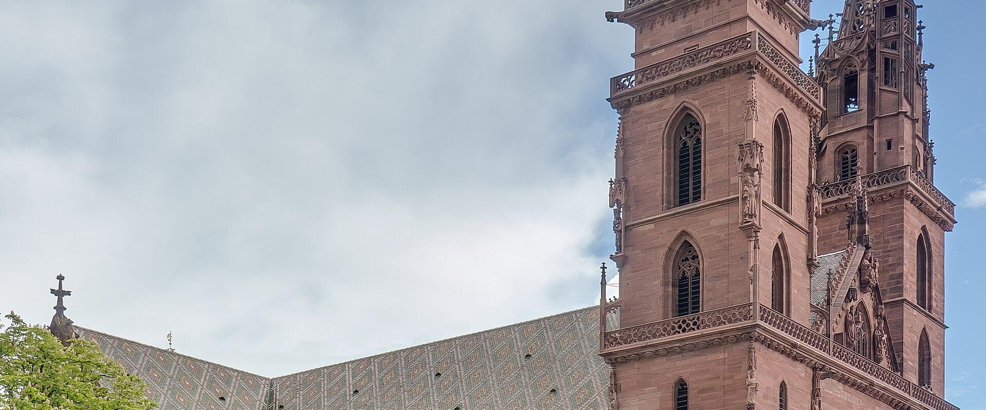 The red sandstone Basel Minster with its twin Gothic towers