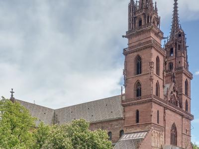 The red sandstone Basel Minster with its twin Gothic towers