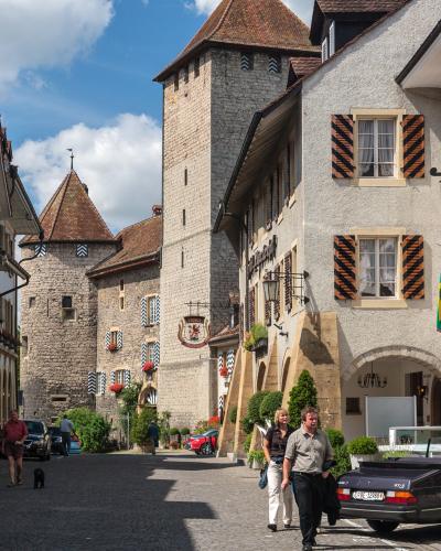 Murten castle seen from the Rathausgasse in the old town