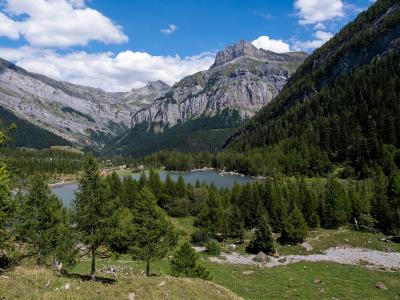 Lac de Derborence among forest and limestone peaks in the Derborence nature reserve, Valais