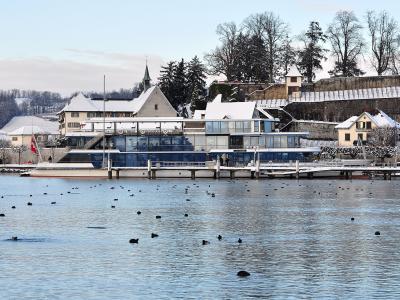 A snowy winter scene of the harbor in Rapperswil, Switzerland, featuring a large glass-fronted building (likely a restaurant or hotel) on the waterfront, a docked boat, and a stone fortification wall in the background.