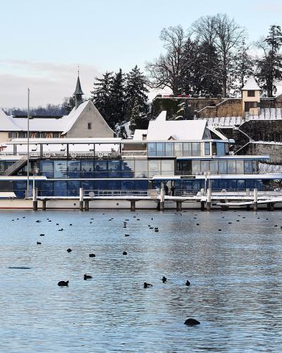 A snowy winter scene of the harbor in Rapperswil, Switzerland, featuring a large glass-fronted building (likely a restaurant or hotel) on the waterfront, a docked boat, and a stone fortification wall in the background.