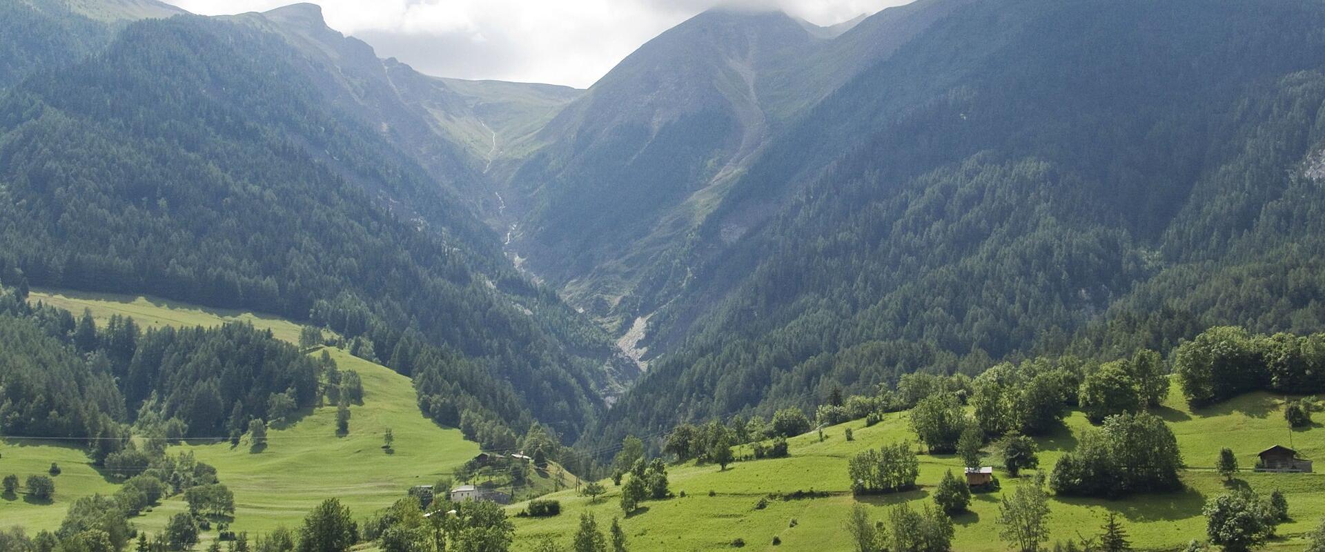 A scenic landscape photograph showing a green alpine valley with forested slopes, scattered chalets, and mountains under a cloudy sky.