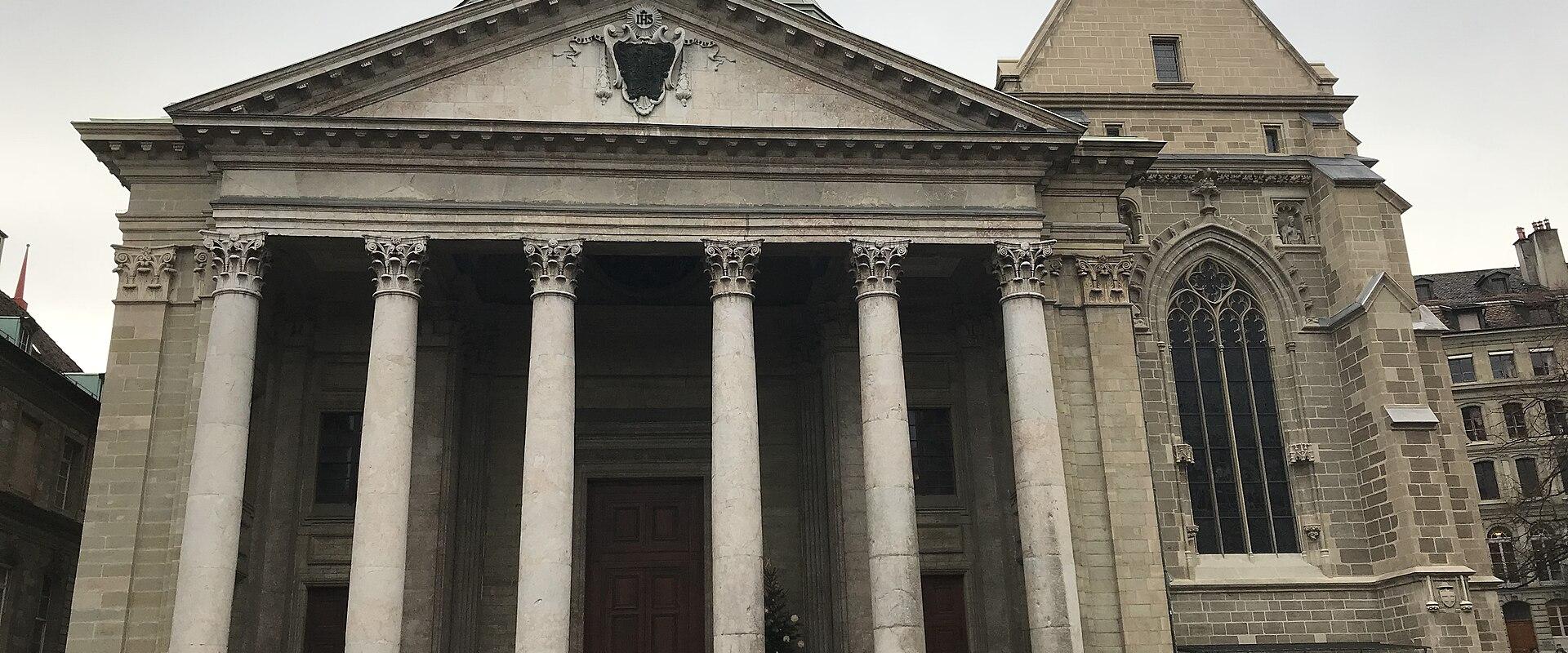 The neoclassical portico of St. Pierre Cathedral in Geneva