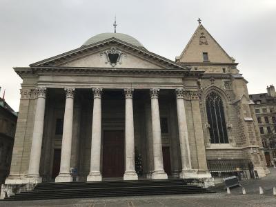 The neoclassical portico of St. Pierre Cathedral in Geneva