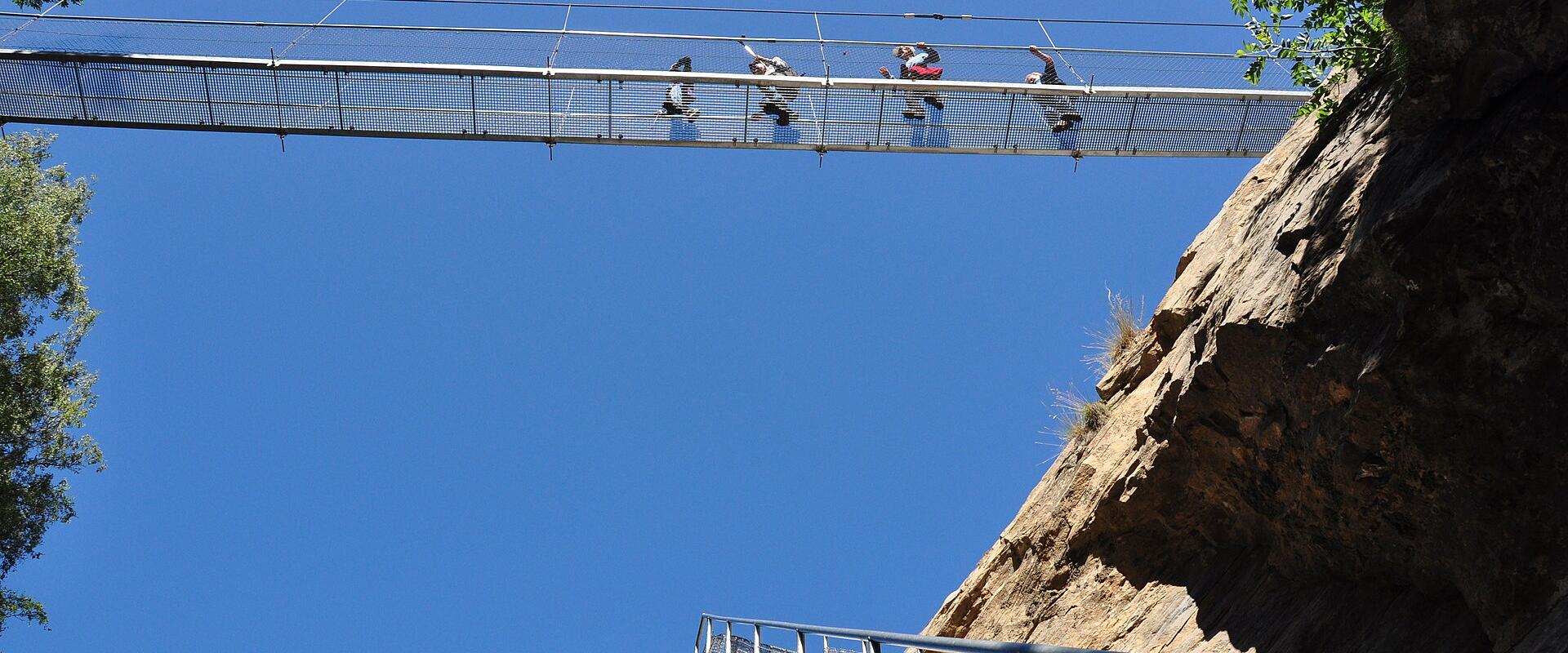 A low-angle view looking up at a metal mesh suspension footbridge spanning a rocky gorge, with four people walking across it against a clear blue sky.
