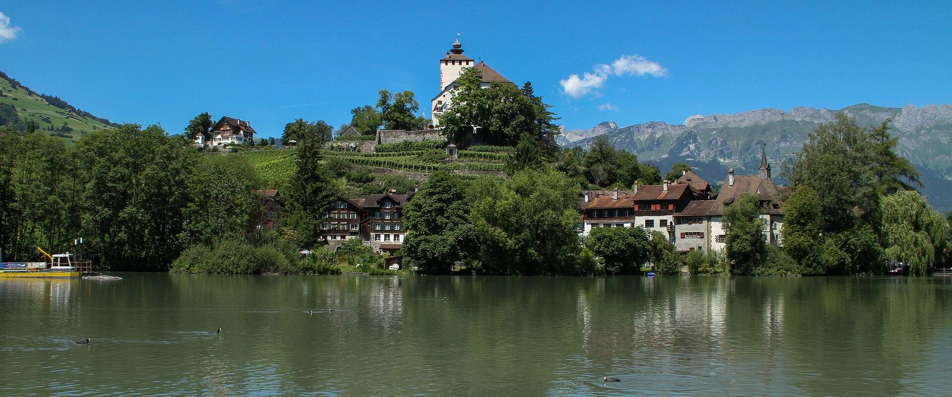 The small Werdenbergersee lake with the old town and Werdenberg Castle on the hill above, under a blue summer sky