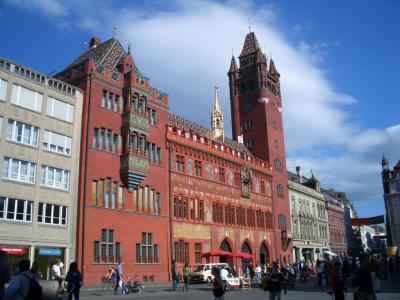 The red-painted Basel Town Hall on the Marktplatz