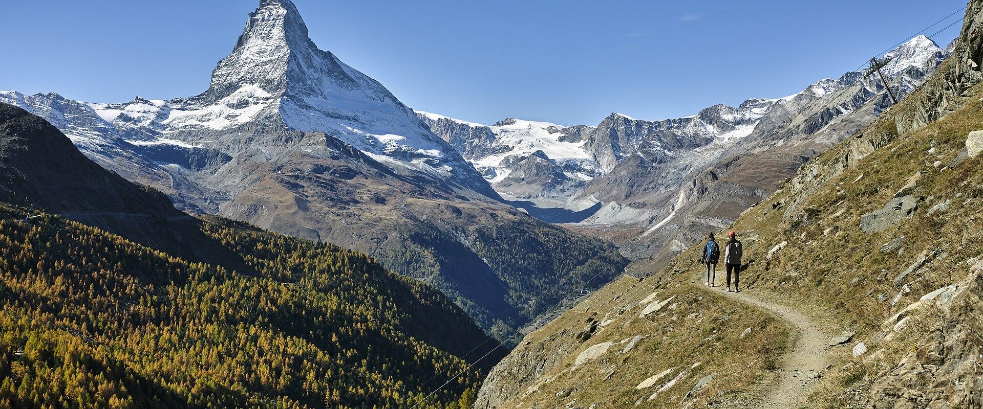 The Matterhorn above a hiking trail near Zermatt, Valais
