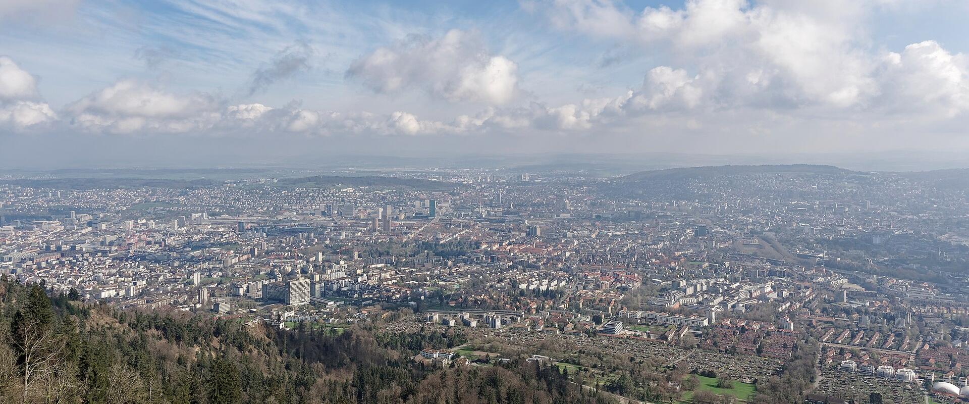 A panoramic landscape photograph taken from an elevated, forested hillside looking down over a sprawling urban cityscape with a large body of water and distant mountains on the horizon.