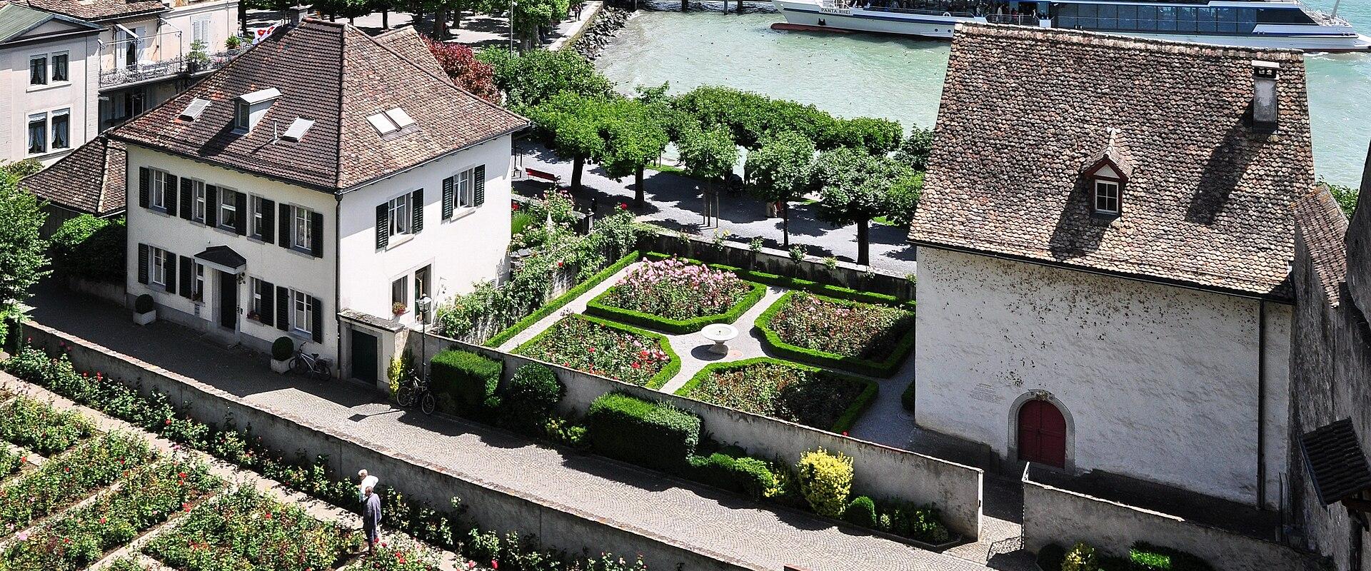 The rose garden by the Einsiedlerhaus above Rapperswil harbour on Lake Zurich