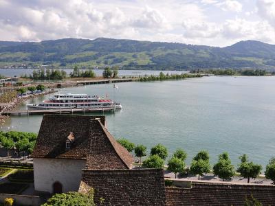 A view from an elevated position overlooking a large lake with a tour boat docked at a pier, green hills in the background, and a historic building with a tiled roof in the foreground.