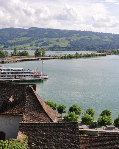 A view from an elevated position overlooking a large lake with a tour boat docked at a pier, green hills in the background, and a historic building with a tiled roof in the foreground.
