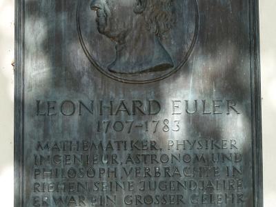 A close-up photograph of a rectangular bronze commemorative plaque mounted on a light-colored wall, featuring a relief portrait of Leonhard Euler in profile and inscribed text identifying him and stating he spent his youth in Riehen.