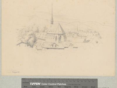 A pencil sketch on aged paper depicting a church with a tall spire and surrounding buildings, with a Tiffen color control patch and ruler at the bottom and faint handwritten text "Zürich 5 August 61" in the lower left.