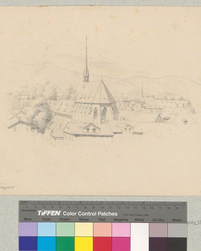 A pencil sketch on aged paper depicting a church with a tall spire and surrounding buildings, with a Tiffen color control patch and ruler at the bottom and faint handwritten text "Zürich 5 August 61" in the lower left.