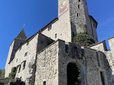 A low-angle view of a medieval stone castle featuring a prominent clock tower with a large clock face and a sundial, a smaller conical-roofed tower, and a stone archway entrance under a clear blue sky.